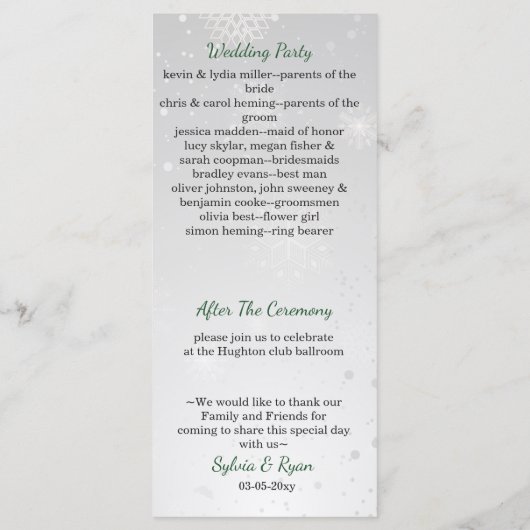 Silber Smarald Green Schneeflocken Winterhochzeit Programm (Rückseite)