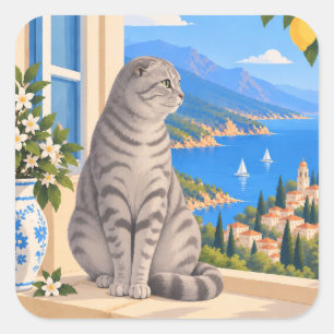 Silber-Tabby Scottish Fold Katze Quadratischer Aufkleber