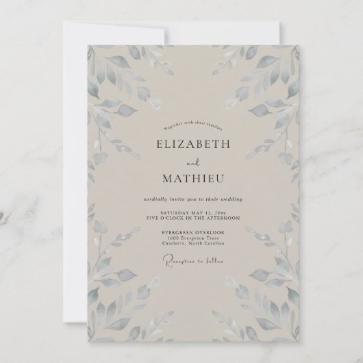 Silber-Taupe-Blatt-Hochzeit Einladung (Vorderseite)