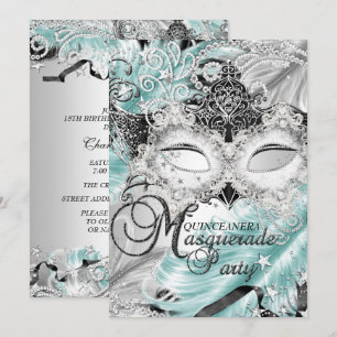 Silber-Teal-Funkel-Maske-Masquerade-Quinceanera Einladung