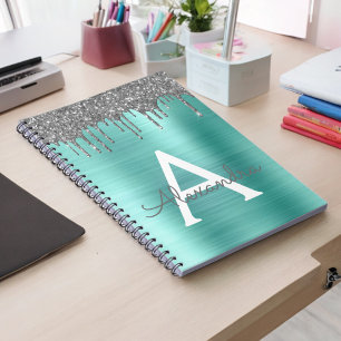 Silber-Teal-Glitter gebürsteter Metall-Monogramm-N Notizblock