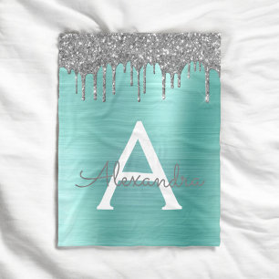Silber-Teal-Glitter gebürstetes Metall-Monogramm-N Fleecedecke