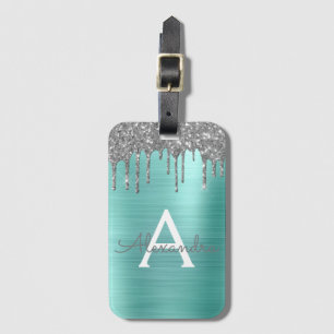 Silber-Teal-Glitter gebürstetes Metall-Monogramm-N Gepäckanhänger