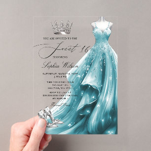 Silber-Teal-Kleid Prinzessin Sweet 16 Acryleinladungen