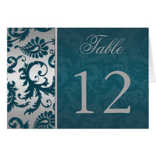 Silber und Aquamarine Damaske II Tischnummer Card (Vorderseite (Horizontal))