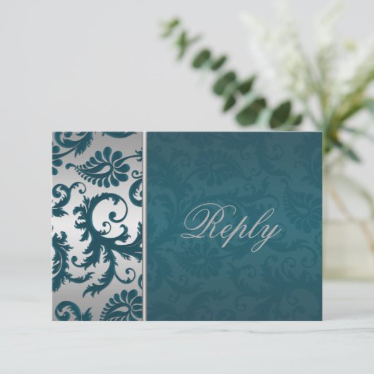 Silber und Aquamarine Damaskus-II-Antwortkarte RSVP Karte (Stehend Vorderseite)