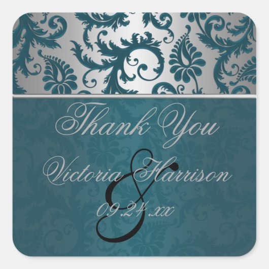 Silber und Aquamariner Damask II Square Sticker (Vorderseite)