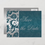 Silber und Aquamariner Damast Save the Date Postka Ankündigungspostkarte (Vorne/Hinten)