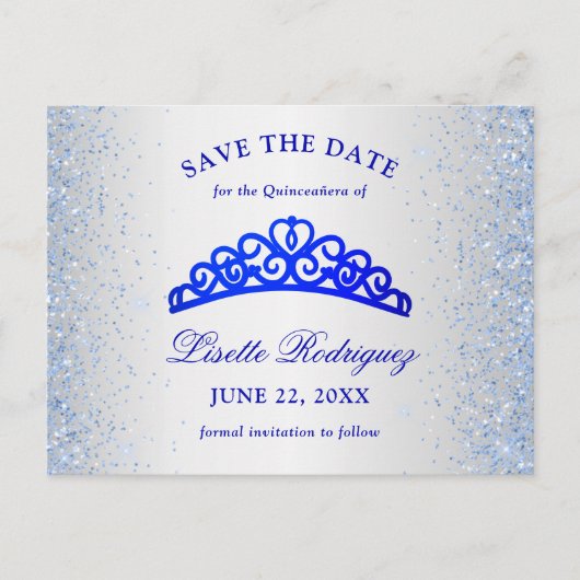 Silber und Blau Quinceanera Save the Date Postkarte (Vorderseite)