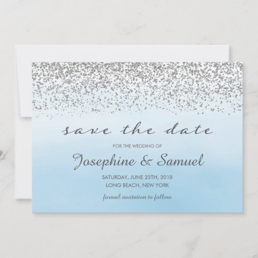 Silber und Blau Save the Date Einladung (Vorderseite)