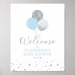 Silber- und blaue Luftballons   Willkommen zur Bab Poster