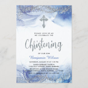 Silber und Blauer Boje Christening Einladung