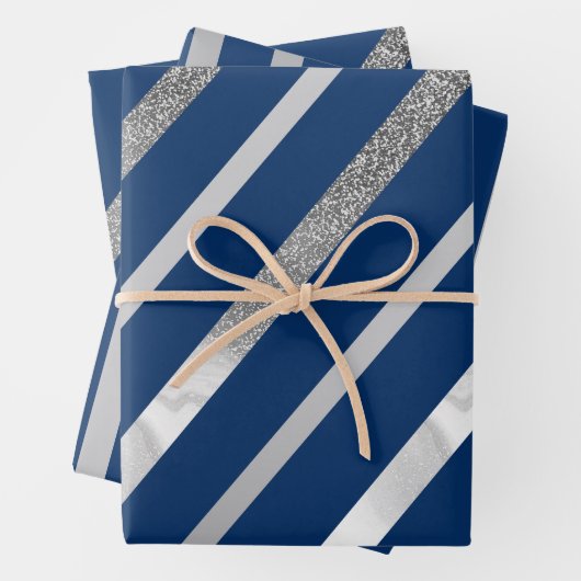 Silber- und Blauer Diagonalstreifen-Muster Geschenkpapier Set (Beispiel)