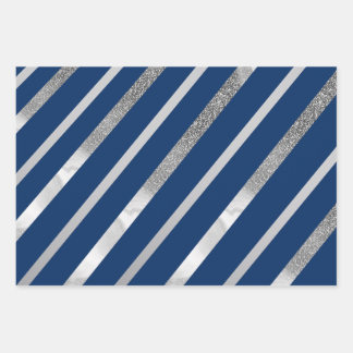 Silber- und Blauer Diagonalstreifen-Muster Geschenkpapier Set