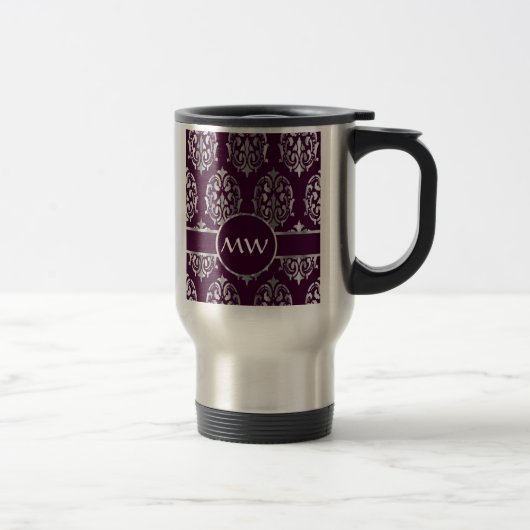 Silber und Bordeaux-Damast-Monogramm Reisebecher (Rechts)