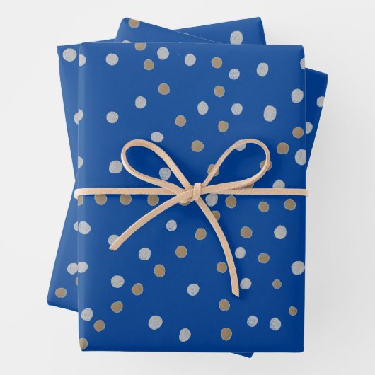 Silber und Gold Polka Punkte auf blau Geschenkpapier Set (Beispiel)