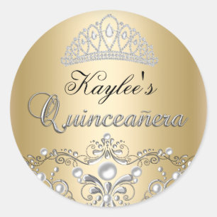 Silber- und Golddamask-Perlen-Quinceanera-Aufklebe Runder Aufkleber