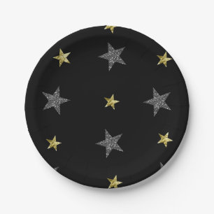 Silber- und Goldsterne Schwarze Hollywood-Star-Par Pappteller