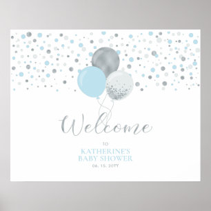 Silber- und hellblaue Ballons Babyparty-Willkomm Poster