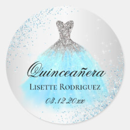 Silber und hellblaue Quinceanera Runder Aufkleber