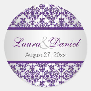 Silber und Lila Damask 1,5" Hochzeitsticker Runder Aufkleber