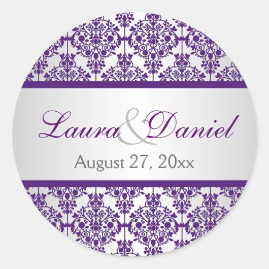 Silber und Lila Damask 1,5" Hochzeitsticker Runder Aufkleber (Vorderseite)