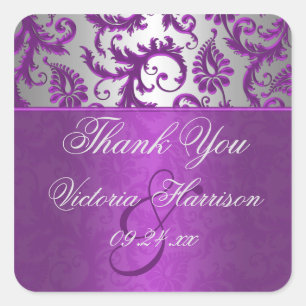 Silber und Lila Damask II Square Sticker