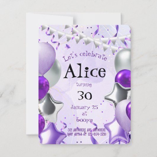 Silber und Lila Einladung (Vorderseite)