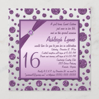 Silber und Lila Glitzer Polka Dot 16 . Geburtstag Einladung