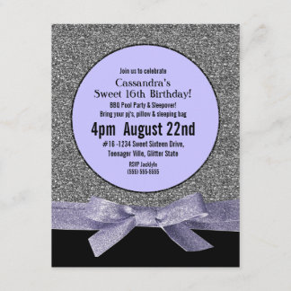 Silber und Lila Imitat Glitzer Girly Party Einladung