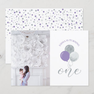 Silber- und lila Luftballons   1. Geburtstagsfeier Einladung