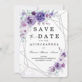 Silber und Lila Save the Date Quinceañera Einladung
