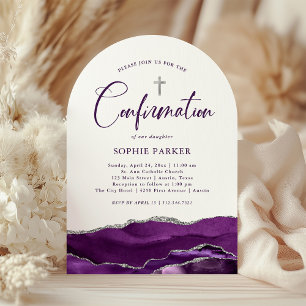 Silber und Lila Tor und Kreuz   Konfirmation Einladung