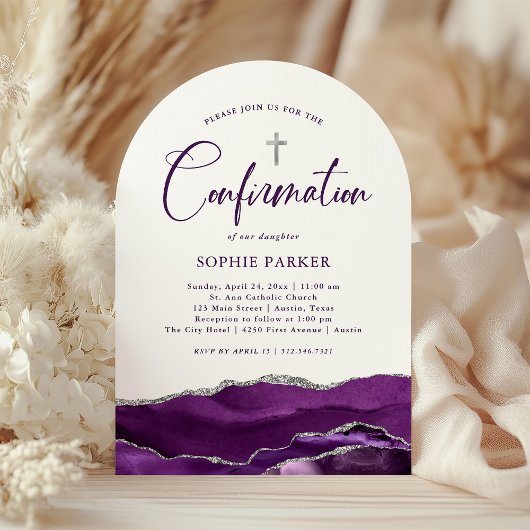 Silber und Lila Tor und Kreuz | Konfirmation Einladung