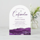 Silber und Lila Tor und Kreuz | Konfirmation Einladung (Stehend Vorderseite)