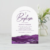 Silber und Lila Tor und Kreuz | Taufe Einladung (Stehend Vorderseite)