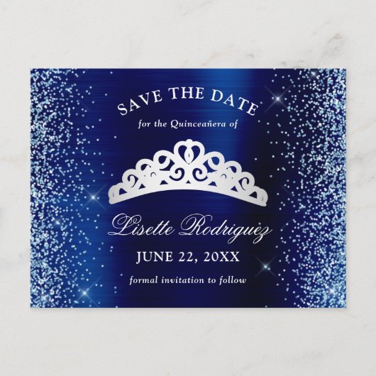 Silber und Navy Blue Quinceanera Save the Date Postkarte (Vorderseite)