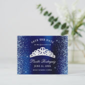 Silber und Navy Blue Quinceanera Save the Date Postkarte (Stehend Vorderseite)