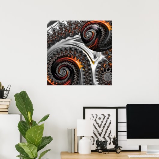 Silber und Orange Mandelbrot mit Sphere Poster (Heimbüro)