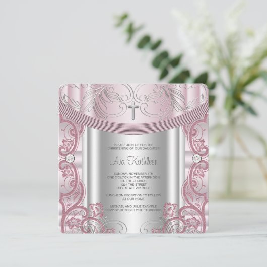 Silber und Pink Baby Christening Einladung (Stehend Vorderseite)