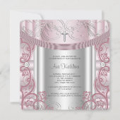 Silber und Pink Baby Christening Einladung (Vorderseite)