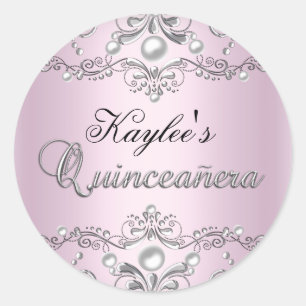 Silber- und Rosa-Damask-Pearl-Quinceanera-Aufklebe Runder Aufkleber