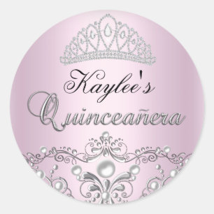 Silber- und Rosa-Damask-Perlen-Quinceanera-Aufkleb Runder Aufkleber