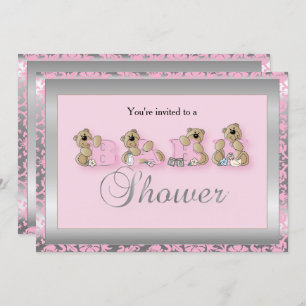 Silber und Rosa Damask Teddy Bears  Babydusche Einladung