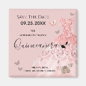 Silber und Rosa Kleid Quinceanera Save the Date Magnet (Vorne)
