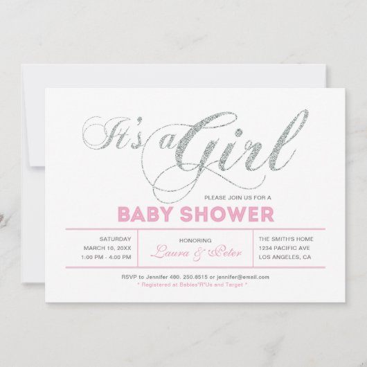 Silber und Rosa | Mädchen, schicke Typografie Kind Einladung (Vorderseite)