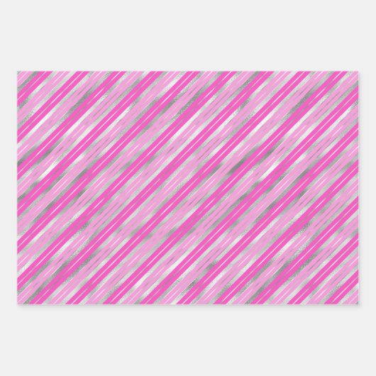Silber und Rosa Streifen Geschenkpapier Set (Vorderseite 3)