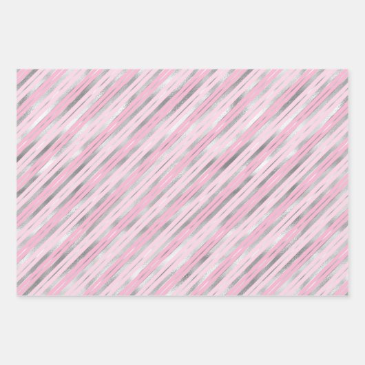 Silber und Rosa Streifen Geschenkpapier Set (Vorderseite 2)