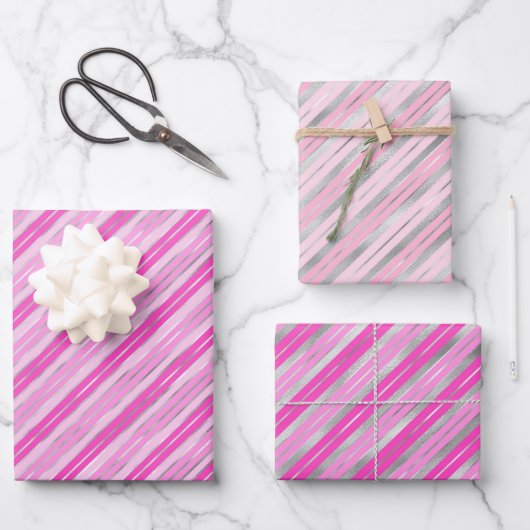 Silber und Rosa Streifen Geschenkpapier Set (Vorderseite)