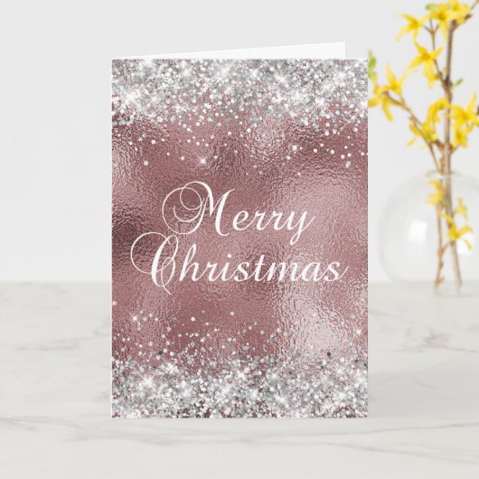 Silber und Rose Gold Funkelnd Foil Frohe Weihnacht Karte (Gelbe Blume)